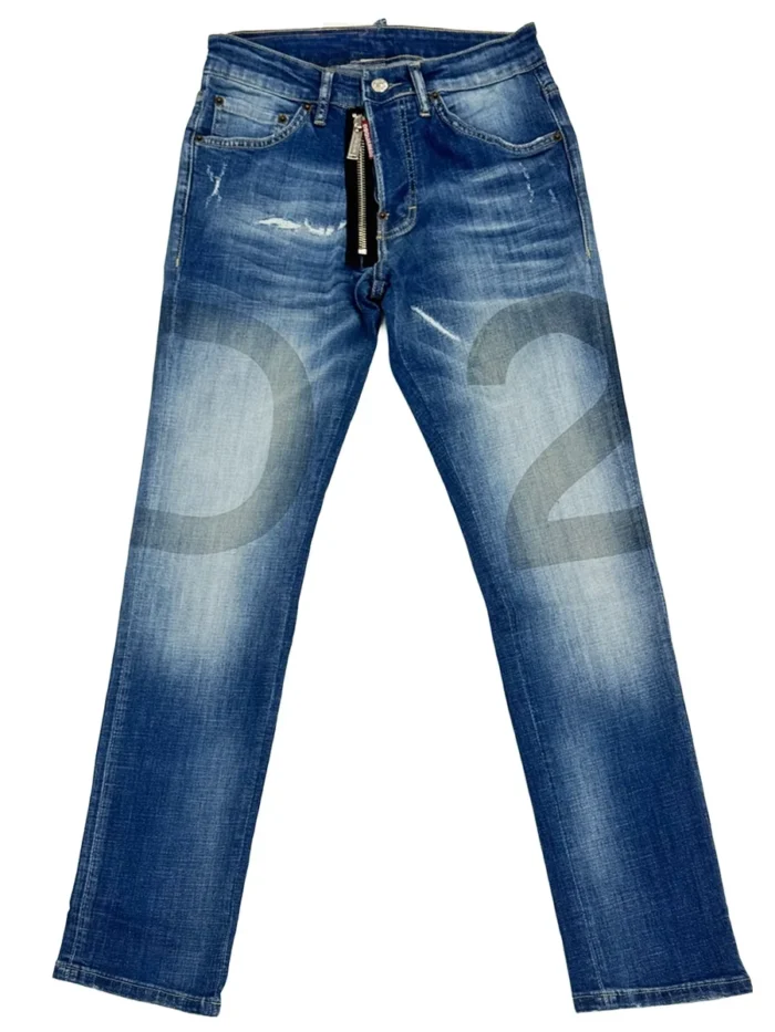 Mavi Yıpratmalı Baskılı Jean